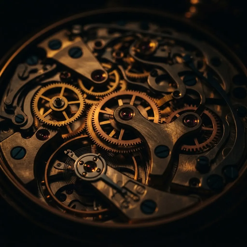 Brass clockwork gears interlocking in warm golden light, like a business running as one machine