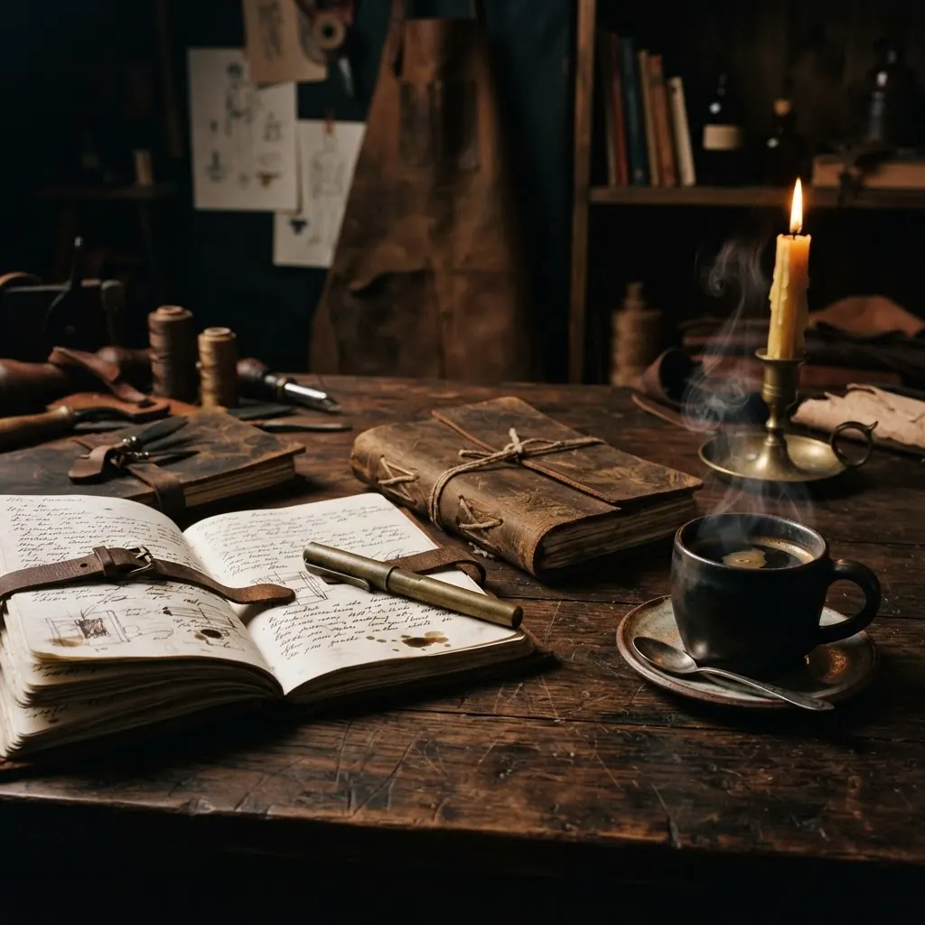 Leather notebooks and a brass pen on a walnut table by candlelight, records of work done by hand